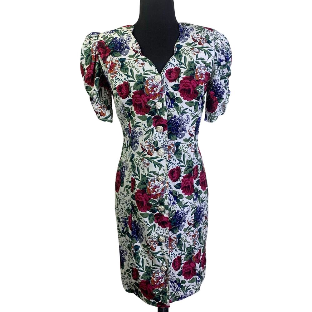 ALL THAT JAZZ Dress‎ Medium Vintage Y2K 80's Floral Shoulder Pads Rose Buttons